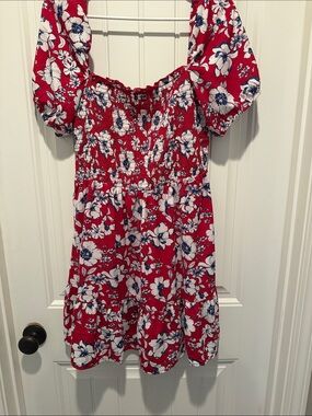 Love Squared Red Floral Smocked Puff-Sleeve Dress